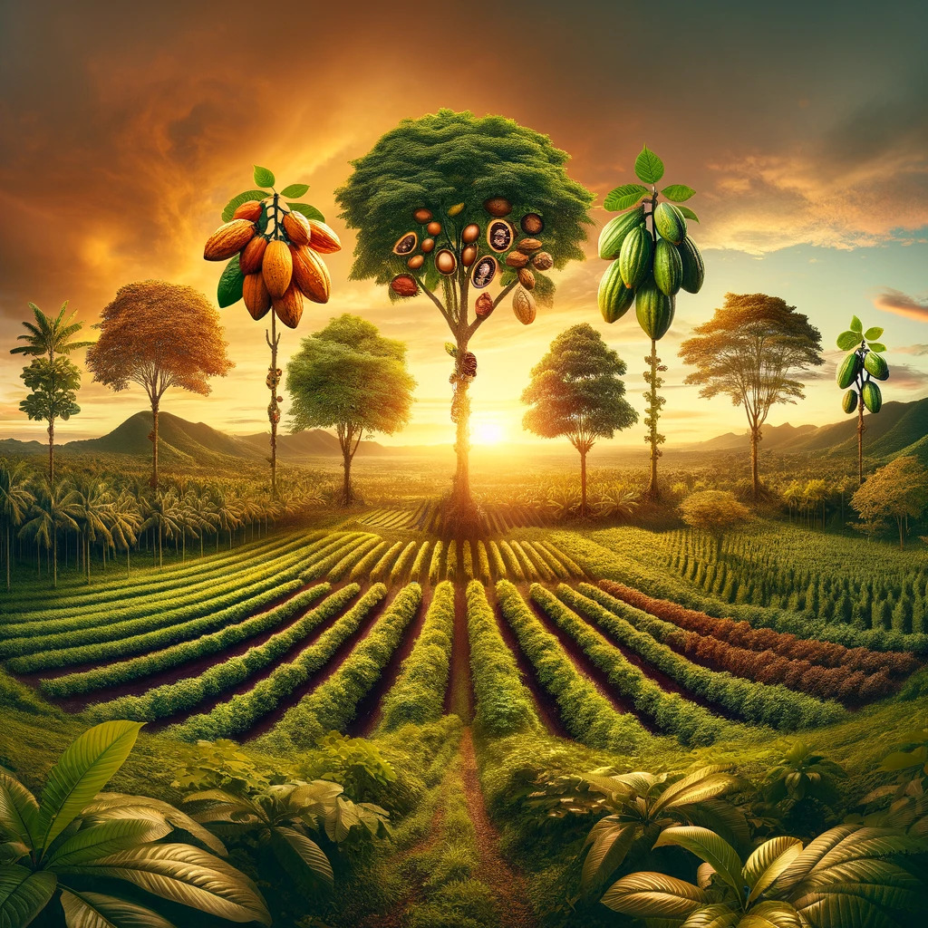 DALL·E-2023-11-28-12.15.00-A-panoramic-view-of-a-cacao-plantation-at-sunset-capturing-the-entire-life-cycle-of-cacao-trees.-The-image-should-encompass-various-stages-from-seedl.jpg